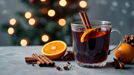 Hot mulled wine with citrus fruits, cinnamon and anise. Christmas mulled wine with spices and fruits on the table. A traditional hot drink at Christmas time.の素材