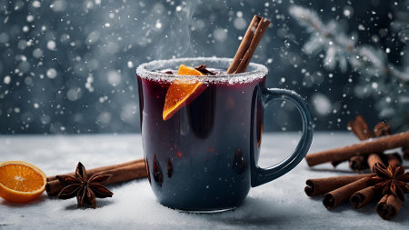 Hot mulled wine with citrus fruits, cinnamon and anise. Christmas mulled wine with spices and fruits on the table. A traditional hot drink at Christmas time.の素材