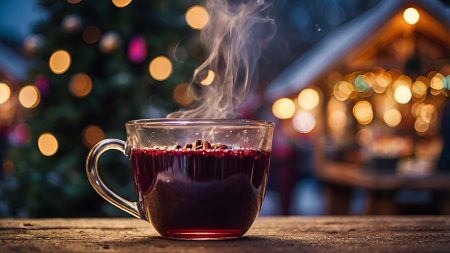 Hot mulled wine with citrus fruits, cinnamon and anise. Christmas mulled wine with spices and fruits on the table. A traditional hot drink at Christmas time.の素材