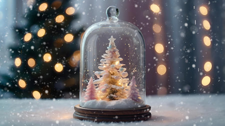 Merry Christmas and Happy New Year 2025. A holiday card on the background of a beautiful side of lights and snow. A Christmas tree and snow in the design of a glass jar inside.の素材