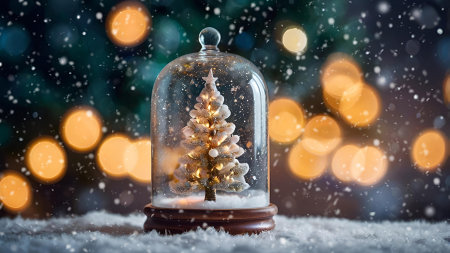 Merry Christmas and Happy New Year 2025. A holiday card on the background of a beautiful side of lights and snow. A Christmas tree and snow in the design of a glass jar inside.の素材