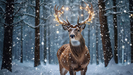 A red deer with shiny big horns in a Christmas garland in snowy weather against a forest background.の素材