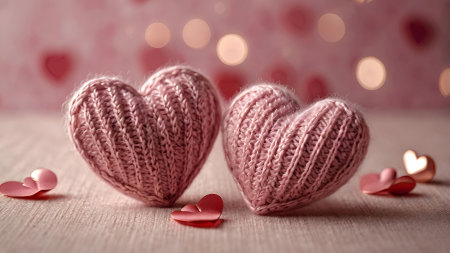 The banner. Background for Valentine's Day. Knitted hearts with festive lights in the form of a side in the background. a mock-up of an invitation card for a Valentine's Day party, a place to copy.の素材