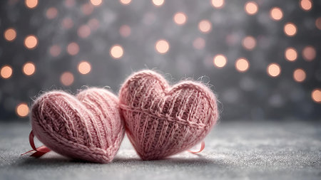 The banner. Background for Valentine's Day. Knitted hearts with festive lights in the form of a side in the background. a mock-up of an invitation card for a Valentine's Day party, a place to copy.の素材