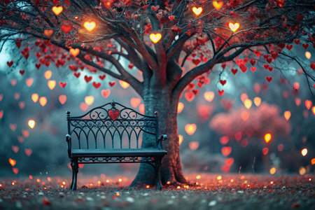 A beautiful fantasy heart-shaped tree shining among the trees in the park and a bench for lovers on a fabulous background in the bokeh style.の素材