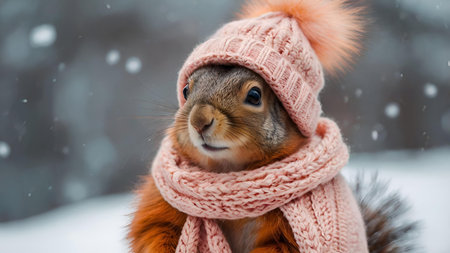 A funny squirrel with big cheeks, dressed in cozy soft pink warm clothes, a hat and a scarf in a winter theme. Seasonal wallpaper.の素材