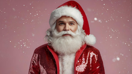 Portrait of a stylish, modern Santa Claus in close-up on a pink background. Creative. It is snowing, adding fabulousness and magic.の素材