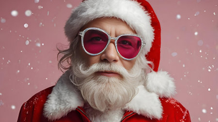 Portrait of a stylish, modern Santa Claus in a shiny jacket and red glasses in close-up on a pink background. Creative. It is snowing, adding fabulousness and magic.の素材