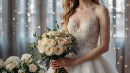 Close-up. A beautiful girl trying on an elegant white wedding dress. Morning of the bride. Rental and purchase of wedding dresses for events.の素材