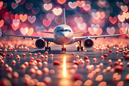 A love journey. The plane and the hearts are all around. A gift for your beloved on Valentine's Day as a romantic trip. A banner for offers and promotions from the tour operator.の素材