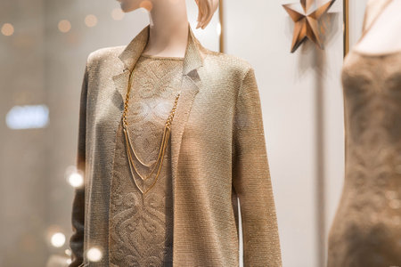 A showcase display featuring a mannequin wearing an elegant gold-toned jacket with textured fabric...