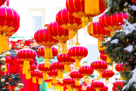 Chinese red lanterns on Tverskaya Street in Moscow. Close-up. The first ever meeting of the Chinese New Year 2024 in Moscow.の写真素材