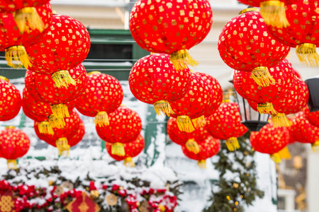 Chinese red lanterns on Tverskaya Street in Moscow. Close-up. The first ever meeting of the Chinese New Year 2024 in Moscow.の写真素材
