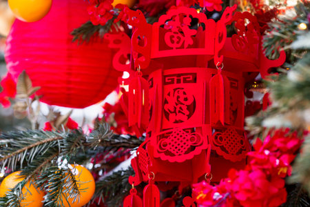 Chinese red lanterns on Tverskaya Street in Moscow. Close-up. The first ever meeting of the Chinese...