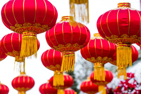 Chinese red lanterns on Tverskaya Street in Moscow. Close-up. The first ever meeting of the Chinese New Year 2024 in Moscow.の写真素材