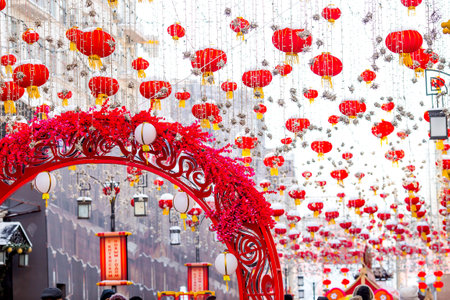 Festive decoration of the city for the Chinese New Year in Moscow. The inscription is in Russian: Happy Chinese New Year.の写真素材