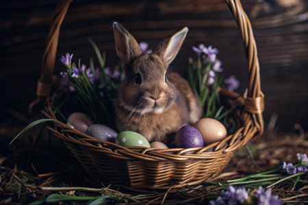 The banner. Easter bunny in a basket with colorful Easter eggs around spring snowdrops and primroses. The concept of the Easter spring festival.の素材