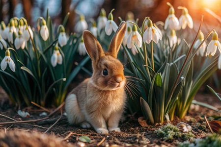 The banner. Easter bunny in a basket with colorful Easter eggs around spring snowdrops and primroses. The concept of the Easter spring festival.の素材