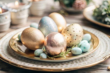 Easter banner. Table setting. Fancy plate, Easter eggs with gilding. The Easter holiday concept for cafes and restaurants.の素材