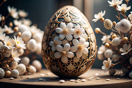 Easter banner. The concept of a bright Easter holiday. An unusual delicate Easter egg with delicate white flowersの素材