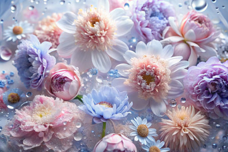 Banner, flyer. Beautiful, airy, delicate floral background in blue and pink tones. Peony flowers, chrysanthemums, daisies with drops of water on their petals.の素材