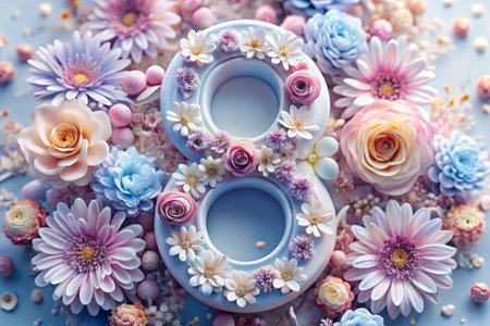 International Women's Day. Banner, flyer. Festive, delicate floral background in blue and pink tones with the number 8. Peony flowers, chrysanthemums, daisies with water droplets on the petals.の素材