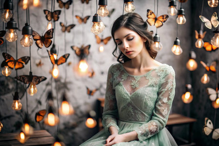 Portrait of a beautiful girl in a green dress among many suspended light bulbs and butterflies fluttering around her. Daydreaming. A magical atmosphere.の素材