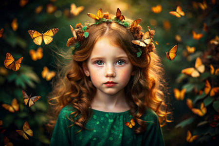 Portrait of a beautiful red-haired girl in a green dress with butterflies fluttering around her head and hair.の素材