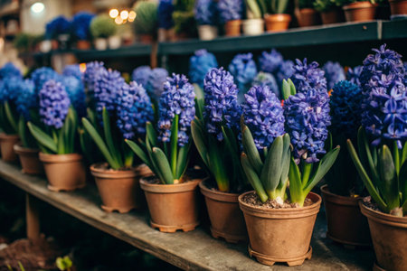 A garden store. Blue hyacinths in stylish clay pots on the bright showcase of the flower market are ideal for decorating home gardens in early spring.の素材
