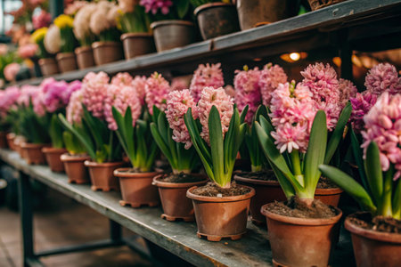 A garden store. Pink hyacinths in stylish clay pots on the bright showcase of the flower market, ideal for decorating home gardens in early spring.の素材