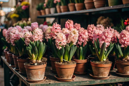 A garden store. Pink hyacinths in stylish clay pots on the bright showcase of the flower market, ideal for decorating home gardens in early spring.の素材