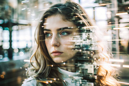 Portrait of a young woman. Conceptual artistic close-up image against the background of a city with double exposure and visual effects. An advertising move.の素材