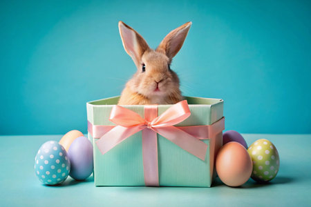 A holiday banner. A cute Easter bunny is peeking out of a gift box, and colorful eggs are scattered around. The concept of happy Easter.の素材