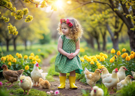 Spring time. A little curly-haired girl in rubber boots in a blooming spring garden with yellow chickens.の素材