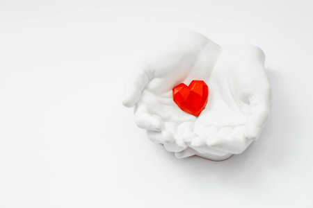 Stylish banner. In his hands, a red heart on a white background is made of plaster. World Health, Love and Insurance Day. World Heart, Health and Organ Donor Day.の写真素材