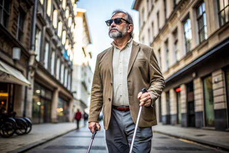 Disability. Loss of vision. A blind man with a cane and dark glasses is walking along a city street. International Day of the Blind on November 13.の素材