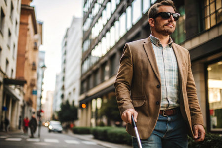 Disability. Loss of vision. A blind man with a cane and dark glasses is walking along a city street. International Day of the Blind on November 13.の素材