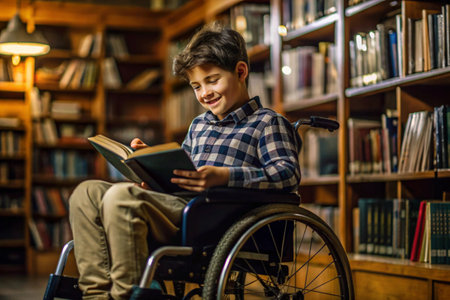 Disability. A child with disabilities in a wheelchair is reading a book in the library. Healthcare and medicine.の素材