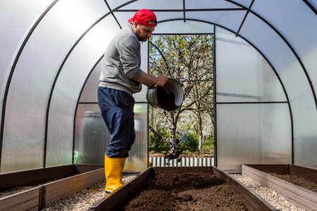 A male farmer pours new soil, soil for a new greenhouse. The concept of spring vegetable planting, greenhouse installation and farming.の写真素材