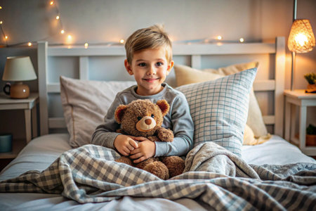 A cute boy hugs a teddy bear, sitting in a cozy bed, a small child hugs a toy and gets ready for bed. A healthy night's sleep.の素材