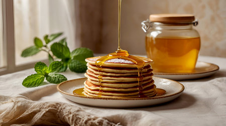 Delicious pancakes with honey and mint leaves on a stylish plate in a beige kitchen. The concept of the Russian holiday Maslenitsa.の素材