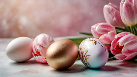 The concept of a bright Easter holiday. Delicate Easter eggs in pink, gold and purple tones and tulip flowers on a pastel watercolor background with delicate veins.の素材