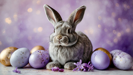 The concept of a bright Easter holiday. Delicate Easter eggs, a gray rabbit and purple hyacinth flowers on a pastel watercolor background with delicate veins.の素材