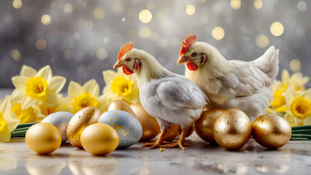 The concept of a bright Easter holiday. Delicate Easter eggs, yellow chickens, chicken and daffodil flowers on a pastel watercolor background with delicate veins.の素材