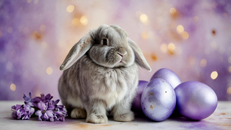The concept of a bright Easter holiday. Delicate Easter eggs, a gray rabbit and purple hyacinth flowers on a pastel watercolor background with delicate veins.の素材