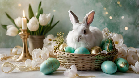 The concept of a bright Easter holiday. Delicate Easter eggs, a rabbit and delicate flowers on a pastel watercolor background with delicate veins.の素材