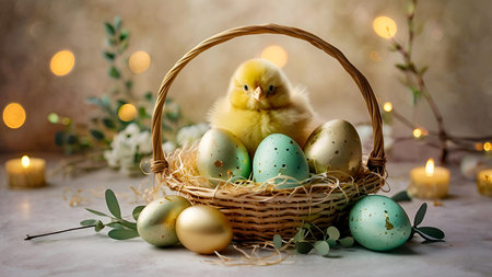 The concept of a bright Easter holiday. Delicate Easter eggs in a basket and yellow chickens and green eucalyptus branches on a pastel watercolor background with delicate veins.の素材