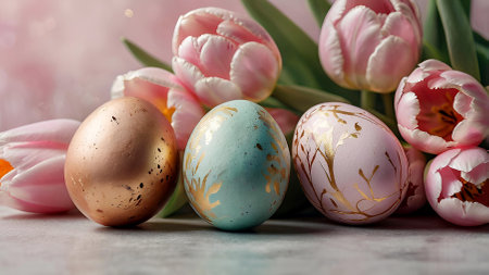 The concept of a bright Easter holiday. Delicate Easter eggs in pink, gold and purple tones and tulip flowers on a pastel watercolor background with delicate veins.の素材
