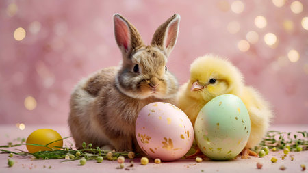 The concept of a bright Easter holiday. Delicate Easter eggs, bunnies and chickens on a pastel background.の素材