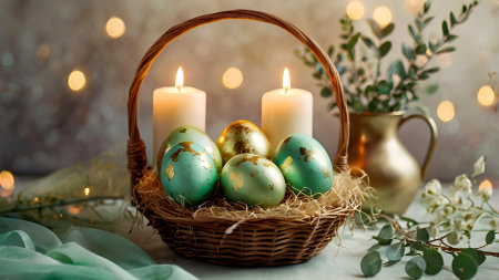 The concept of a bright Easter holiday. Delicate Easter eggs in a basket and green eucalyptus branches on a pastel watercolor background with delicate veins.の素材